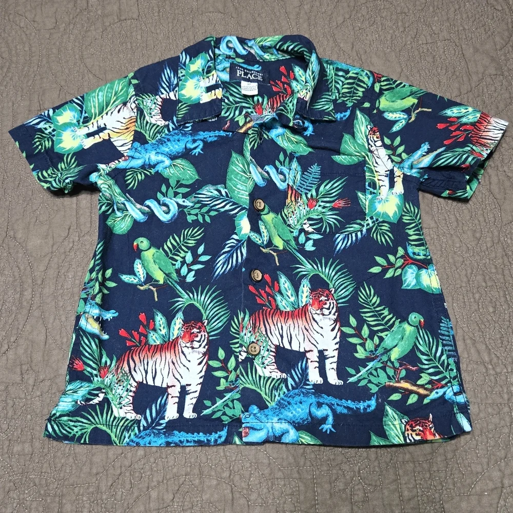 TCP toddler Hawaiian jungle animals button down shirt, tiger parrot crocodile 3T